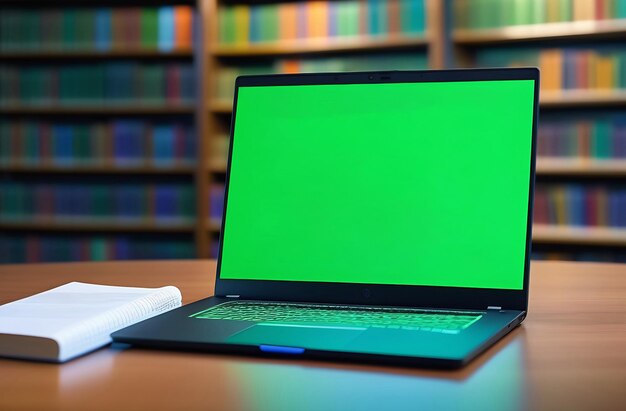 Immagine di modello di portatile con schermo verde vuoto su un tavolo di legno nella biblioteca
