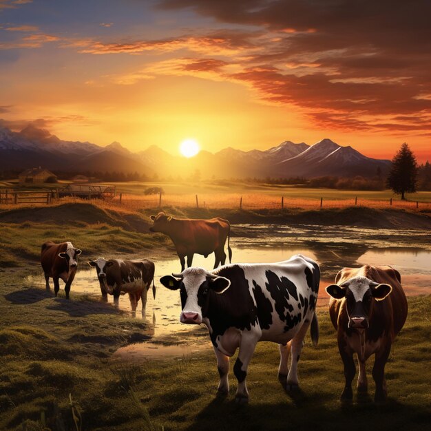 Immagine di mucche in piedi durante il tramonto AI generativa