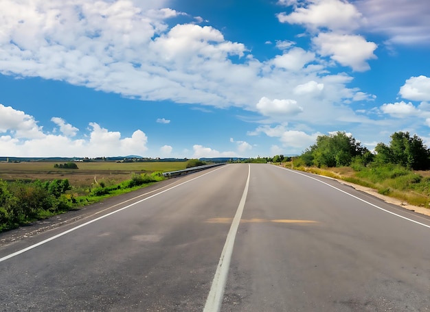 Immagine di paesaggio con strada di campagna strada vuota di asfalto su sfondo blu nuvoloso