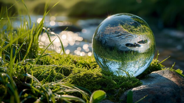 immagine di palla di vetro con acqua ed erba ai generativa