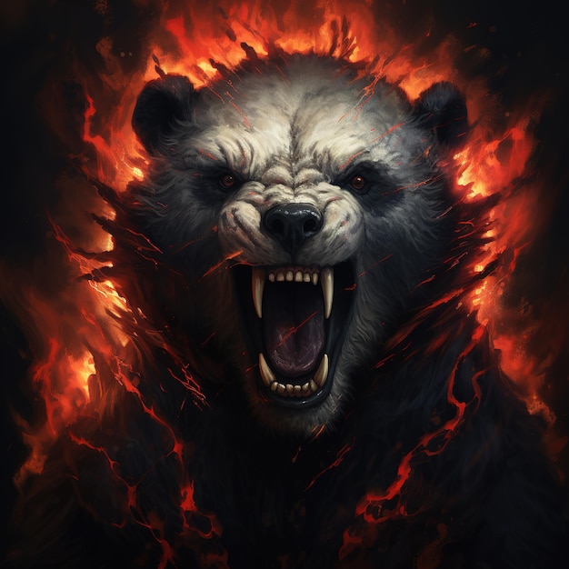 Immagine di panda demone arrabbiato terrificante e fiamme su sfondo scuro Animali selvatici Illustrazione Generativa AI