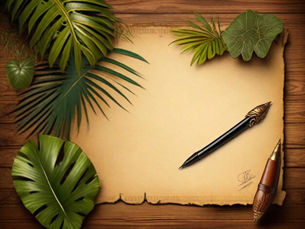 Immagine di pergamena vuota con pennino tavolo in legno pianta giungla bellissima atmosfera