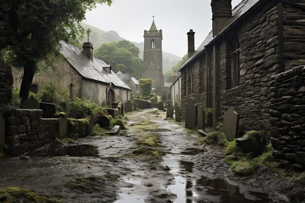Immagine di pioggia del cimitero del villaggio bagnata dalla pioggia