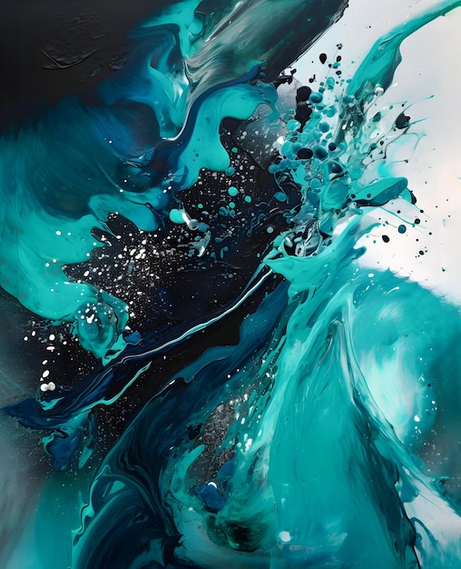 Immagine di pittura astratta blu ciano e nero su tela bianca