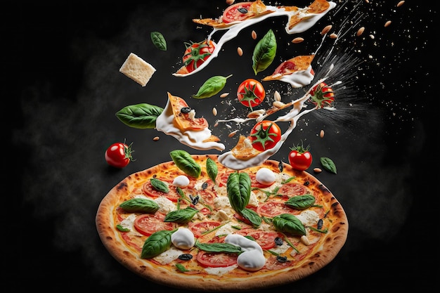 Immagine di pizza con ripieno sparso di pomodori e verdure al formaggio