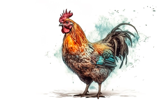 Immagine di pollo colorato in piedi su sfondo bianco Illustrazione di animali da fattoria AI generativa