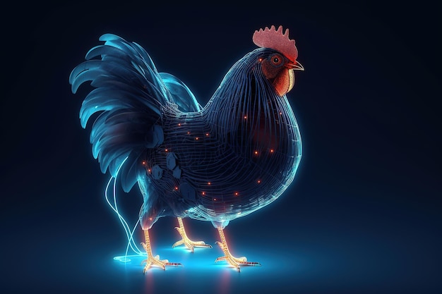 Immagine di pollo con bei colori e luce su uno sfondo scuro Animali da fattoria Illustrazione AI generativa