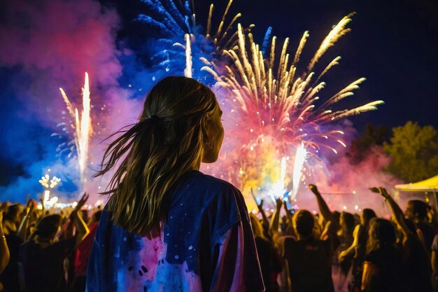 Immagine di profilo di una ragazza in una folla di feste di persone fumo arcobaleno e fuochi d'artificio sullo sfondo
