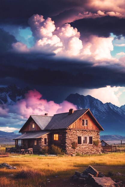 immagine di realtà colorata di grandi nuvole tempestose nel cielo alberi e catena montuosa fiume