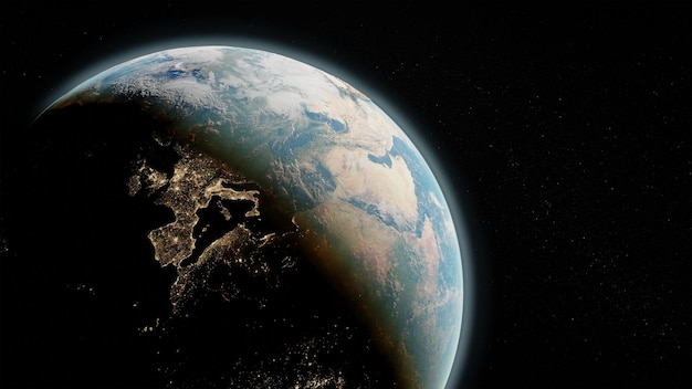 Immagine di rendering 3D del pianeta Terra dallo spazio con metà illuminata dal sole e l'altra metà scura illuminata dalla luce artificiale delle città