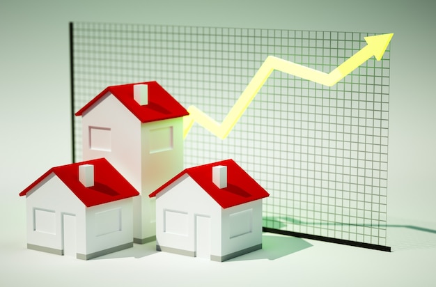 Immagine di rendering 3D di case con grafico in crescita