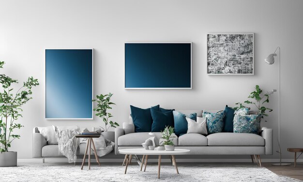 immagine di rendering 3d foto soggiorno di lusso con divano in pelle arancione e cornice per poster mock up