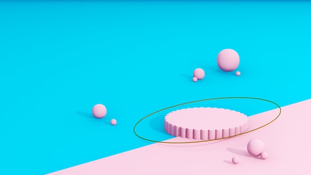 Immagine di rendering 3D podio rosa con palline rosa sfondo di colore blu e rosa per la visualizzazione del prodotto adve