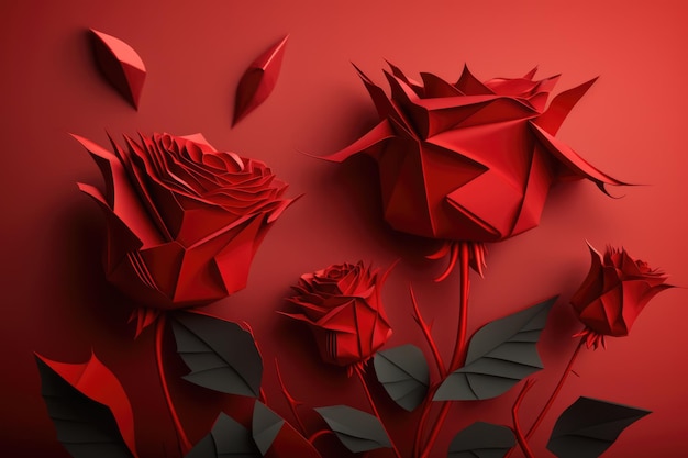 Immagine di rose di carta origami rosse su sfondo rosso creata utilizzando la tecnologia generativa ai