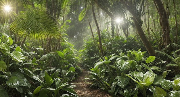 immagine di sfondo che mostra una foresta tropicale con la luce solare