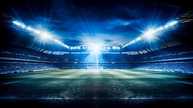 Immagine di sfondo dei riflettori di uno stadio di calcio che illuminano il campo di calcio Ai generativa
