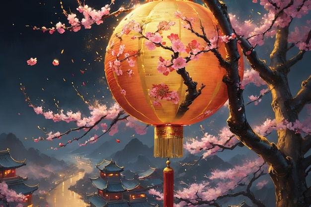 Immagine di sfondo del Capodanno lunare di una lanterna appesa a un ramo di pesco in stile di design astratto