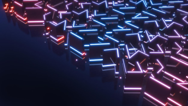 Immagine di sfondo del concetto astratto Nanotecnologia dei semiconduttori e struttura elettronica con luce al neon Rendering 3d del concetto di cyberspazio