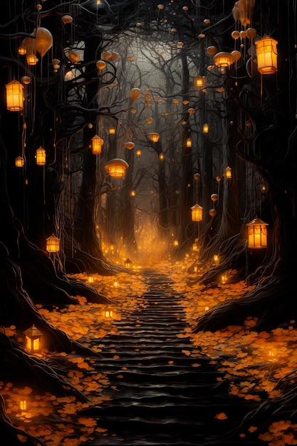 immagine di sfondo del corridoio con alcune lanterne davanti sfondi paesaggi naturalistici halloween