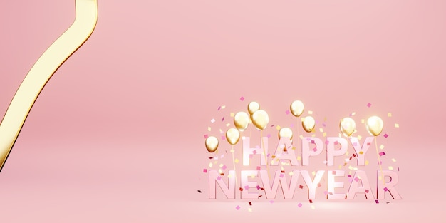 Immagine di sfondo del messaggio di felice anno nuovo con palloncini e nastri illustrazione 3D
