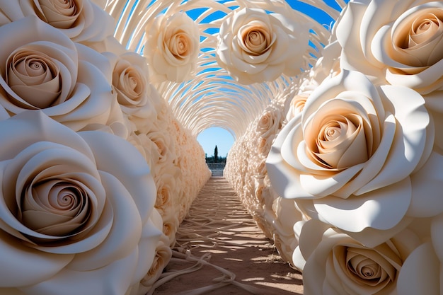 immagine di sfondo del percorso del tunnel di rose bianche