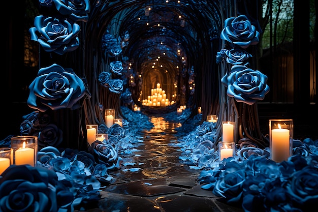 immagine di sfondo del percorso del tunnel di rose blu
