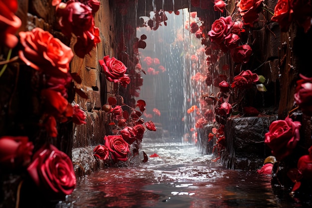 immagine di sfondo del percorso del tunnel di rose rosse