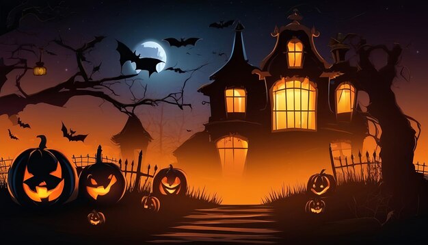 Immagine di sfondo di notte di Halloween con castello spettrale e zucche elementi vettoriali banner hallow