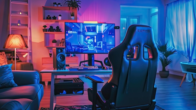 Immagine di sfondo di una sala giochi per adolescenti con illuminazione al neon blu e schermo PC