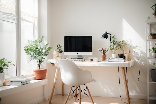 Immagine di sfondo minima del posto di lavoro di un ufficio domestico con un computer portatile in un interno bianco e arioso