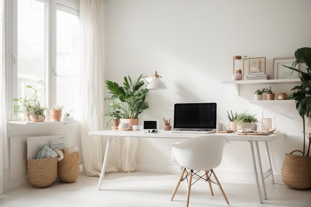 Immagine di sfondo minima del posto di lavoro di un ufficio domestico con un computer portatile in un interno bianco e arioso