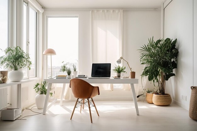 Immagine di sfondo minima del posto di lavoro di un ufficio domestico con un computer portatile in un interno bianco e arioso