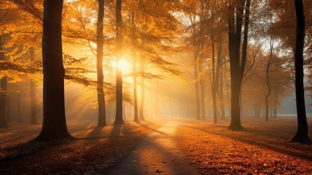 Immagine di sfondo panoramica della bellissima foresta soleggiata in autunno con raggi di sole attraverso la nebbia