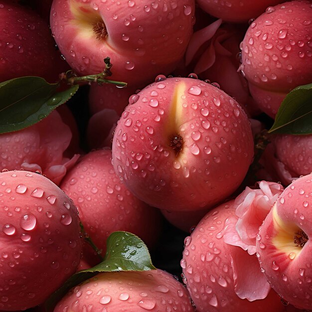 Immagine di sfondo senza soluzione di continuità di un sacco di pesche fresche con poche gocce d'acqua