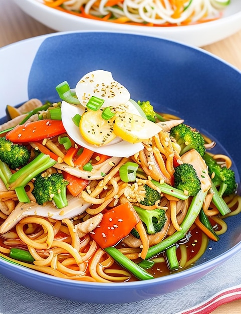 Immagine di spaghetti di pollo saltati in padella con verdure asiatiche generata ai