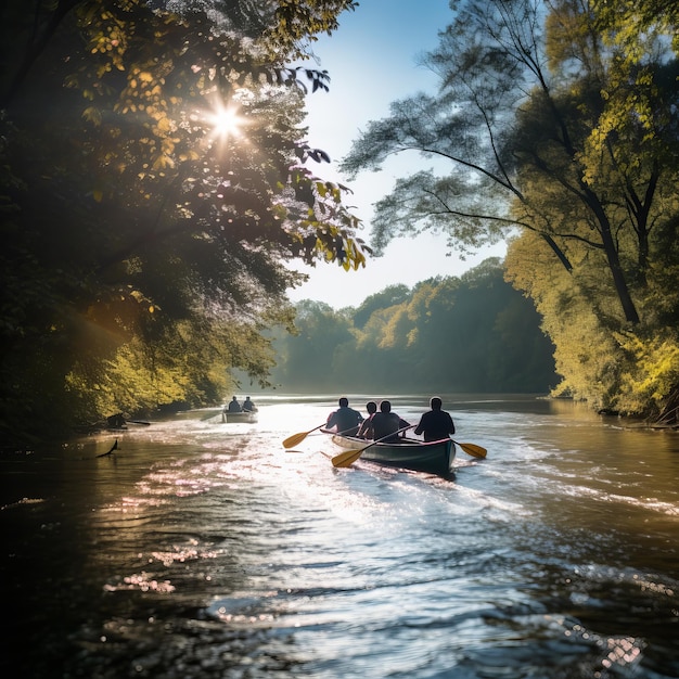 Immagine di sport acquatici di persone che remano in canoa sul fiume