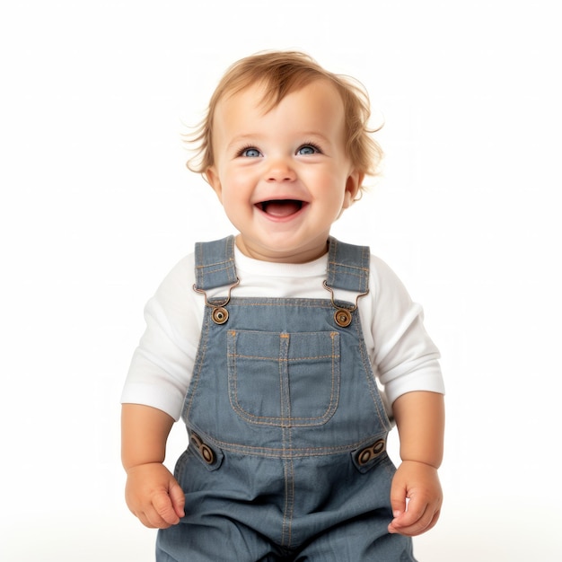 Immagine di stock di un bambino in tuta contro uno sfondo bianco semplice AI generativa