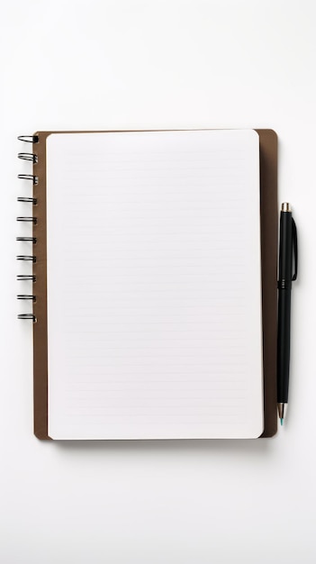 Immagine di stock di un blocco note e una penna su uno sfondo bianco organizzata e produttiva AI generativa