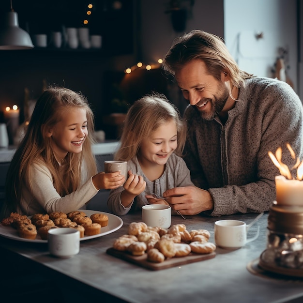 Immagine di stock di una famiglia che fa un tè o fa dei biscotti accoglienti e dolci AI generativa