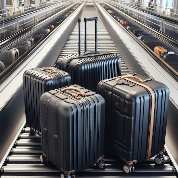 Immagine di tre valigie su un nastro trasportatore di bagagli in un aeroporto