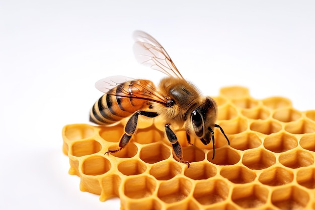 Immagine di un'ape che mangia nettare su un nido di miele su uno sfondo bianco Illustrazione di insetti AI generativa