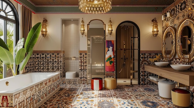 Immagine di un bagno riempito in stile barocco design ornamento interno piastrelle oro pompa atmosfera accogliente specchio lavandino arco toilette quadri di fiori luce calda Generativo da AI