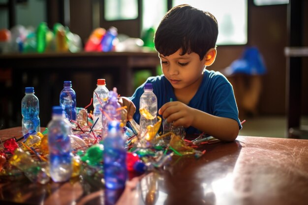 Immagine di un bambino che porta con entusiasmo bottiglie di plastica riciclabili in un centro di riciclaggio