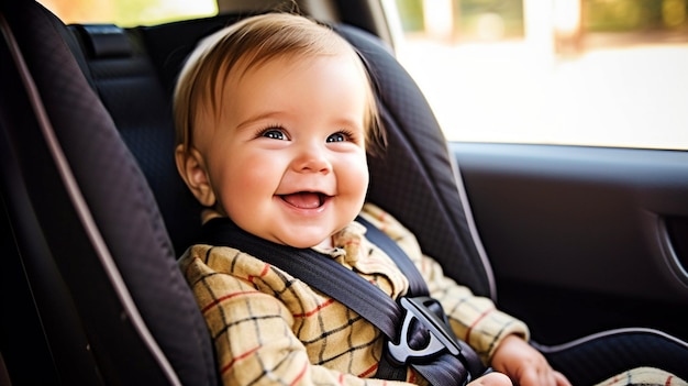 Immagine di un bambino di 1 anno che viaggia su un seggiolino per auto Britax Frontier con un'imbracatura a 5 punti GENERATE AI