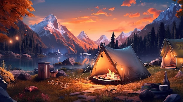 Immagine di un bellissimo paesaggio di montagna con un campo con una tenda Generative Ai