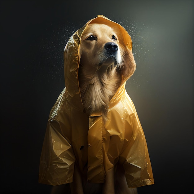 Immagine di un cane che indossa un impermeabile giallo generativo ai