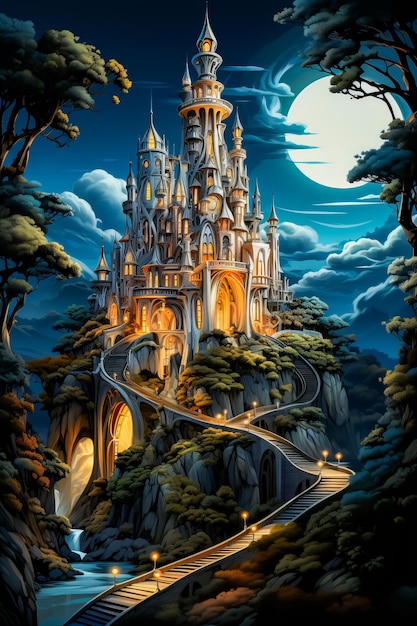 Immagine di un castello in mezzo alla foresta AI generativa