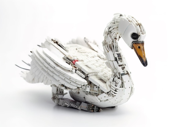 Immagine di un cigno modificato in un robot su sfondo bianco Illustrazione di animali selvatici IA generativa