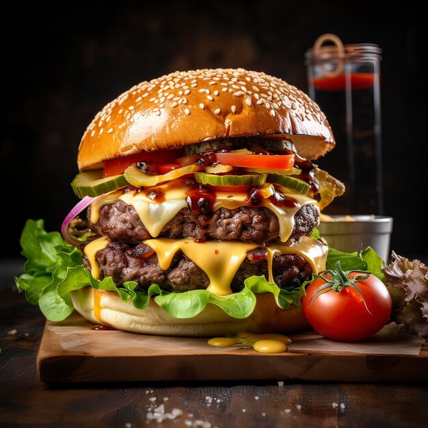 Immagine di un delizioso hamburger con formaggio e molti ingredienti generato dall'IA