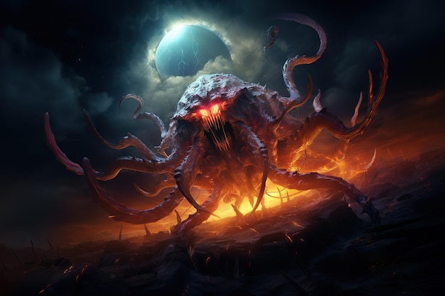Immagine di un demone polpo con un'atmosfera spaventosa Animali sottomarini Illustrazione AI generativa